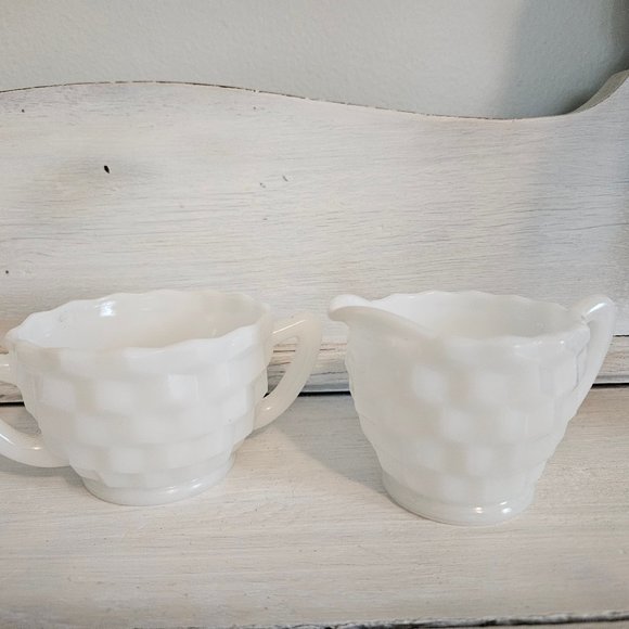 Vintage, Hazel Atlas, Milk Glass Cream and Sugar Set, Cube Pattern - Picture 1 of 6